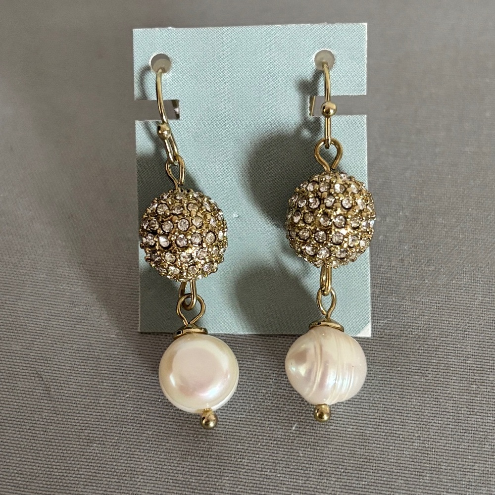 Gold Diamond Ball Pearl Dangling Earrings